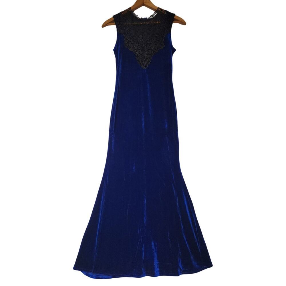 NWT Sapphire Blue Velvet & Black Lace Maxi Dress Whimsigoth Gothic Witchy - M